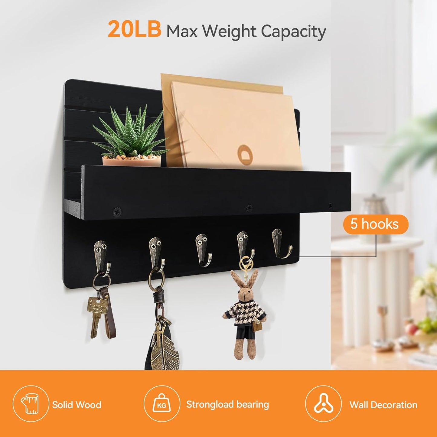 Regine Switzerland Key Holder Wall Mount - Rustic Wooden Key Rack with Shelf & 5 Sturdy Hooks for Entryway Organization