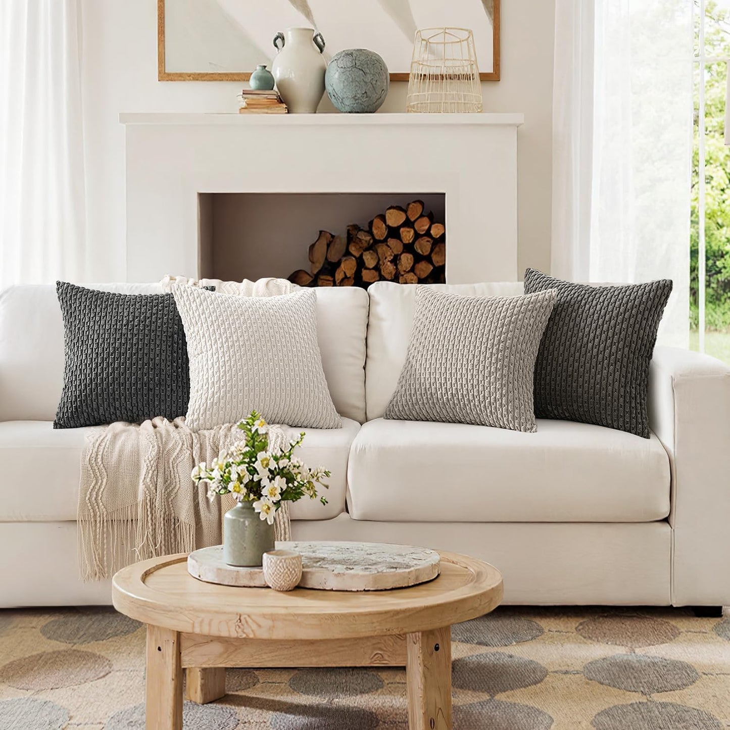 MIULEE Decorative Throw Pillow Covers - Soft Corduroy Striped Cushion Covers | Set of 4, 18x18 Inch, Neutral Grey