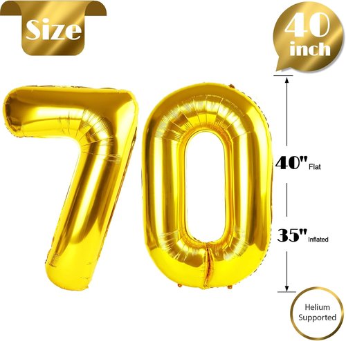 Gold Number 70 Balloon - 40 Inch Golden 70th Birthday Decorations for Men & Women