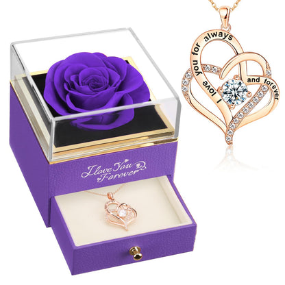 WILDLOVE Forever Real Rose with Heart Necklace, Preserved Flowers Gifts for Mom, Wife and Girlfriend on Christmas, Valentine's Day, Mother's Day, Birthday for Women Her - Purple