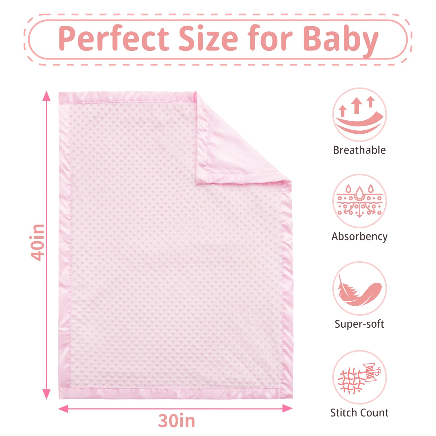 Pro Goleem Baby Soft Minky Dot Blanket with Silky Satin Backing Baby Gifts for Girls（Pink, 30’’ x 40’’）