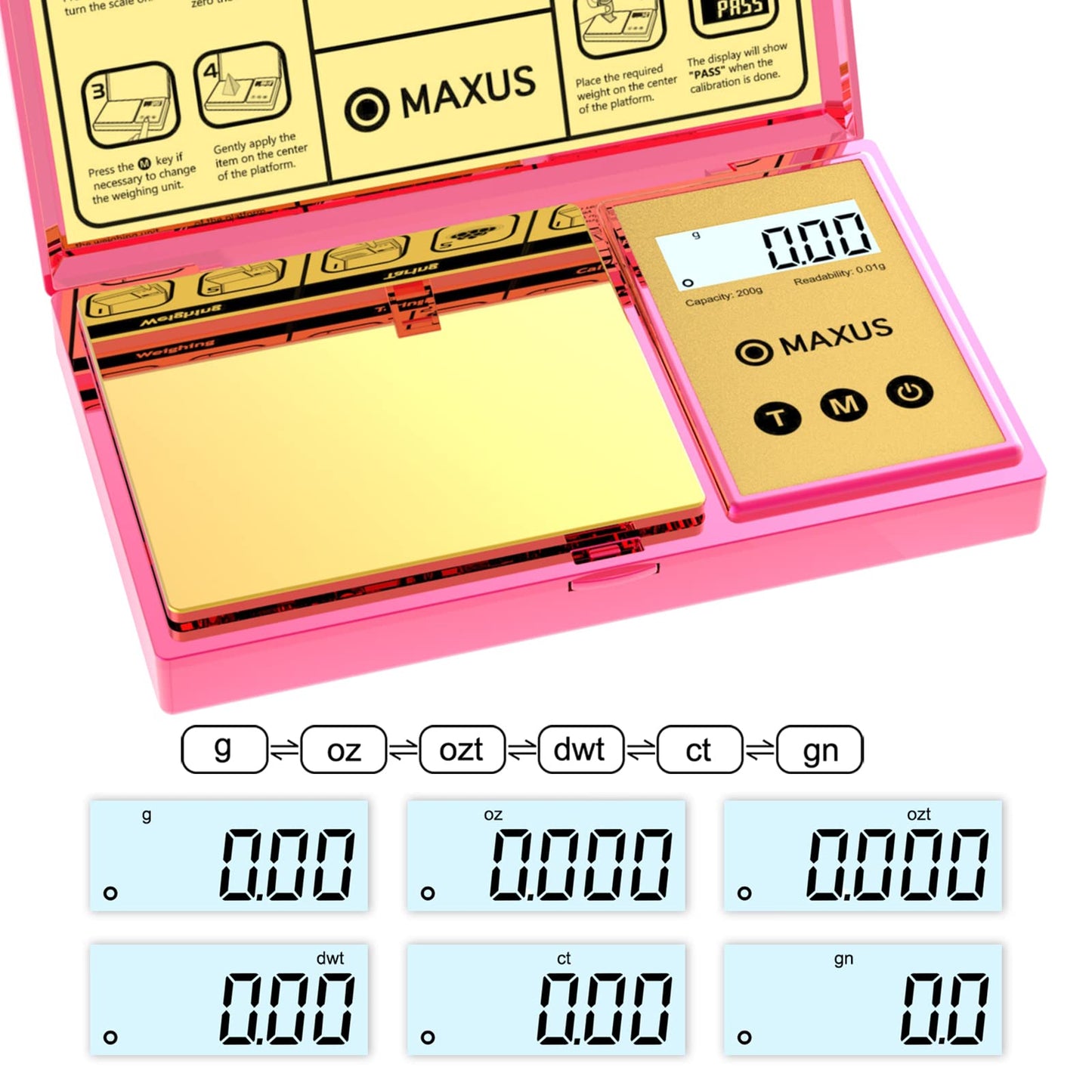 MAXUS Digital Gram Scale with 200g x 0.01g Capacity, Stylish Pink Plated Shining Cover and Platform, Mini Pocket Scale for Food and Jewelry