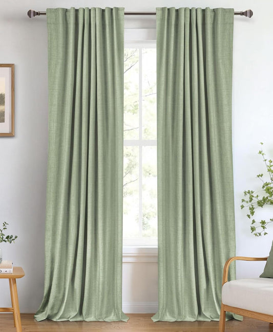 Skiennix 100% Blackout Linen Curtains - Thermal Insulated Drapes, 84" Long, 50" W, Sage | 2 Panels Set