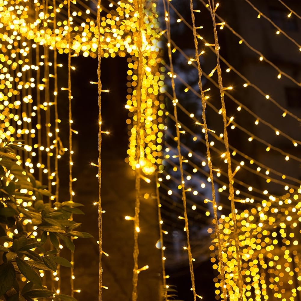 WATERGLIDE 300 LED Curtain Lights - Remote Control Holiday String Lights | 8 Lighting Modes, Warm White