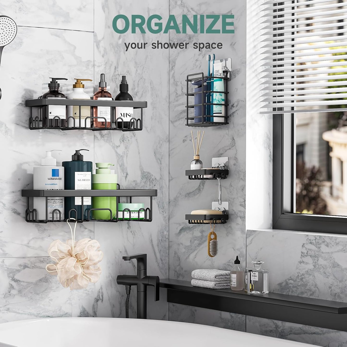 Veken Shower Caddy - Rustproof & Waterproof Adhesive Corner Shelves | 5-Pack Large Bathroom Organizer in Black