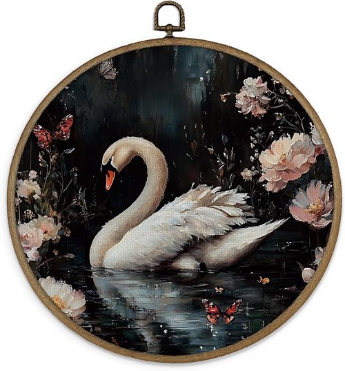 Gnmduw Vintage Moody Swan Wall Art - Framed Floral Canvas Print for Bathroom & Bedroom | 10x10 In