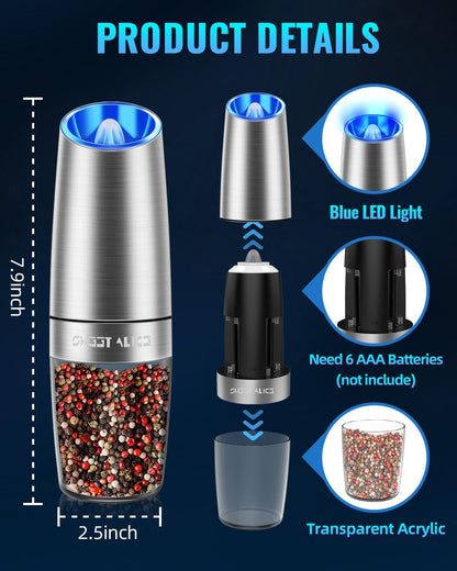 Gravity Electric Pepper and Salt Grinder Set, Salt and Pepper Mill & Adjustable Coarseness, Battery Powered with LED Light, One Hand Automatic Operation, Stainless Steel (Set/Silver)