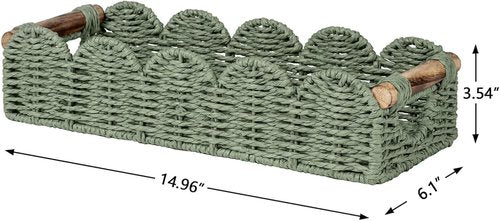 CubesLand Bathroom Basket Organizer - Scalloped Wicker Storage Tray with Cut-Out Handle | Green