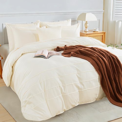 NEXHOME PRO 100% Organic Cotton Duvet Cover Full,Linen Like Pleated Textured Ivory Duvet Cover Set,3pc Bedding Set with Zipper Closure, Soft,Lightweight and Breathable (80"x90", No Comforter)