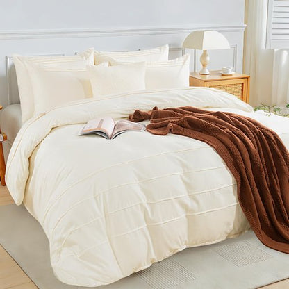NEXHOME PRO 100% Organic Cotton Duvet Cover Full,Linen Like Pleated Textured Ivory Duvet Cover Set,3pc Bedding Set with Zipper Closure, Soft,Lightweight and Breathable (80"x90", No Comforter)