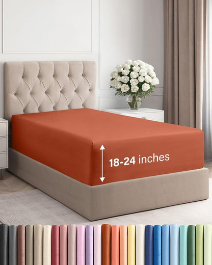 Extra Deep Twin XL Fitted Sheet - Hotel Luxury Single Fitted Sheet Only - Easily Fits 18 inch to 24 inch Mattress - Ultra Soft, Wrinkle Free with Extra Deep Pockets - Breathable & Comfy - Terracotta