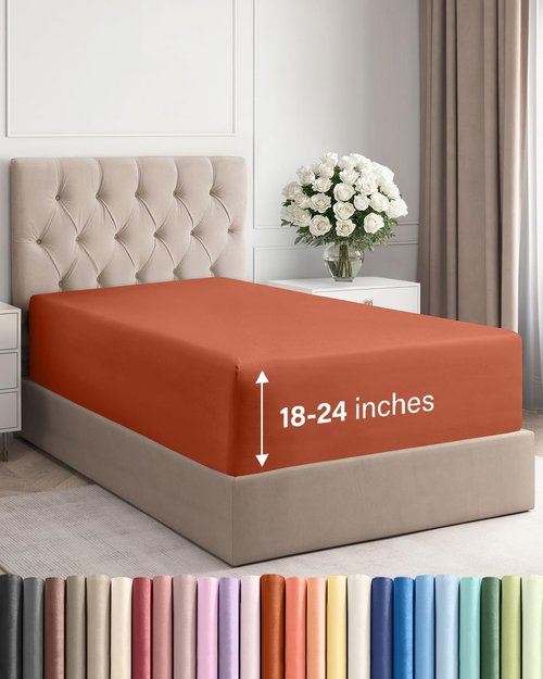 Extra Deep Twin XL Fitted Sheet - Hotel Luxury Single Fitted Sheet Only - Easily Fits 18 inch to 24 inch Mattress - Ultra Soft, Wrinkle Free with Extra Deep Pockets - Breathable & Comfy - Terracotta