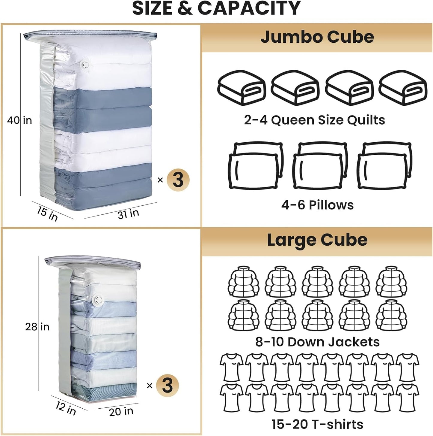 TAILI Vacuum Storage Bags - 6 Pack Combo (3 Jumbo + 3 Medium) for Bedding, Clothing & Comforters