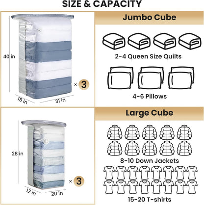 TAILI Vacuum Storage Bags - 6 Pack Combo (3 Jumbo + 3 Medium) for Bedding, Clothing & Comforters