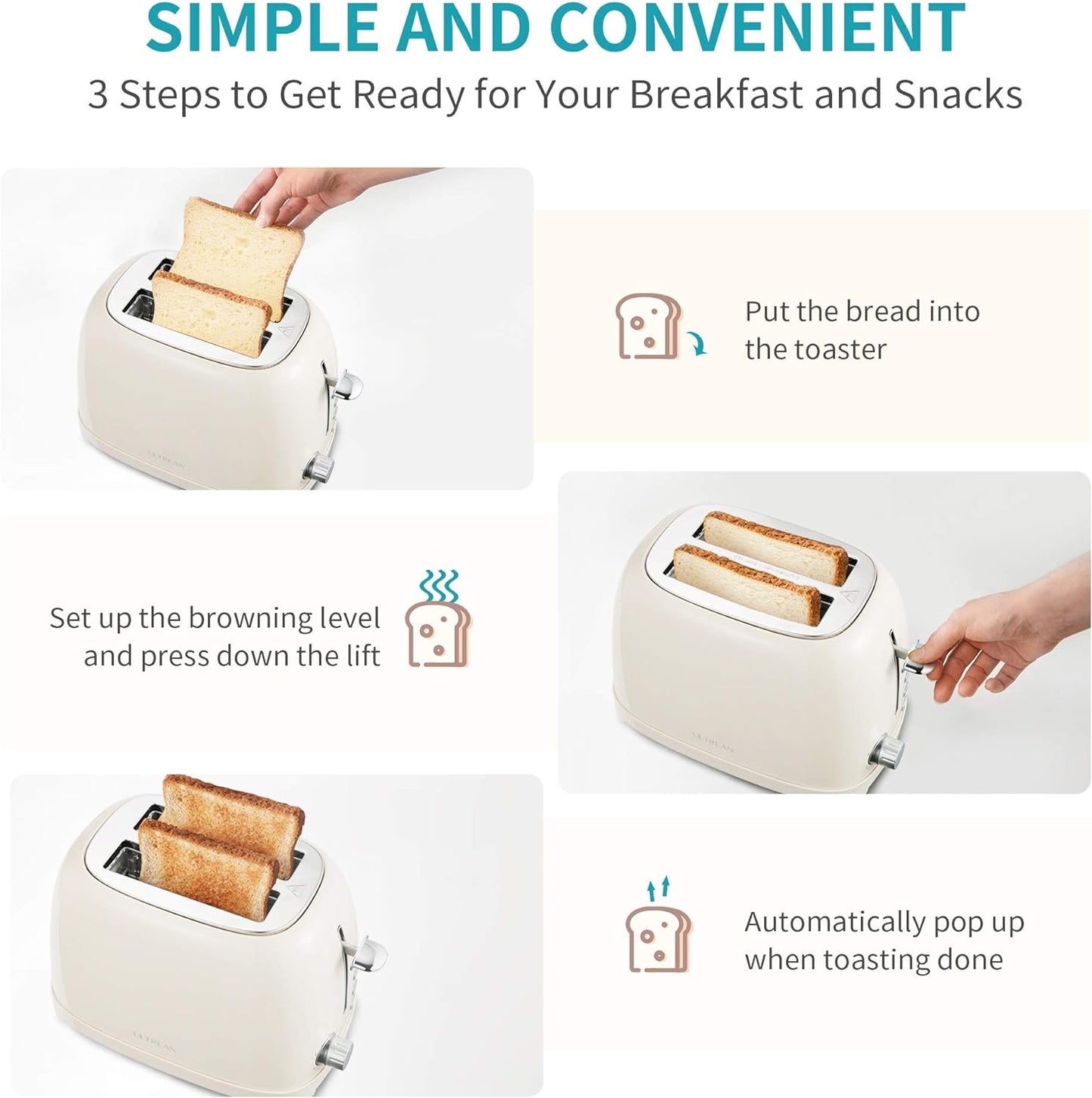 Ultrean 2-Slice Toaster - Extra-Wide Slot for Bagels & Waffles | Stainless Steel with 6 Browning Settings