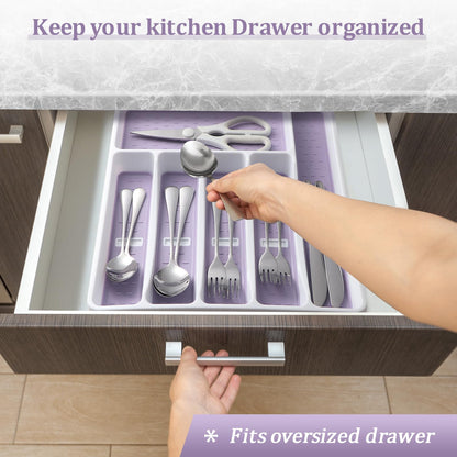 Silverware Organizer with Cutlery Icons，Silverware Tray for Kitchen Drawer，Plastic Flatware Tableware Silverware Drawer Organizer Utensil Organizer with Non-slip TPR Linings，6-Compartment,Purple