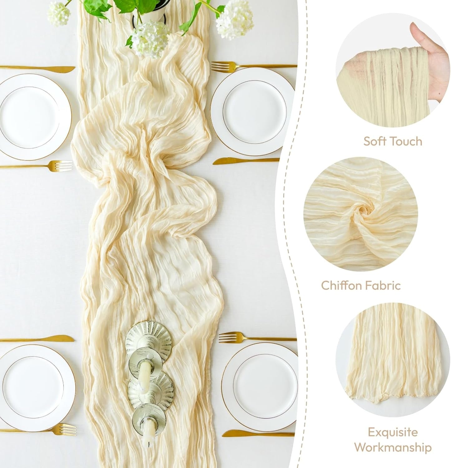 Sioloc Beige Cheesecloth Table Runner - Soft Boho Decor for Weddings & Events | 120'' x 35''