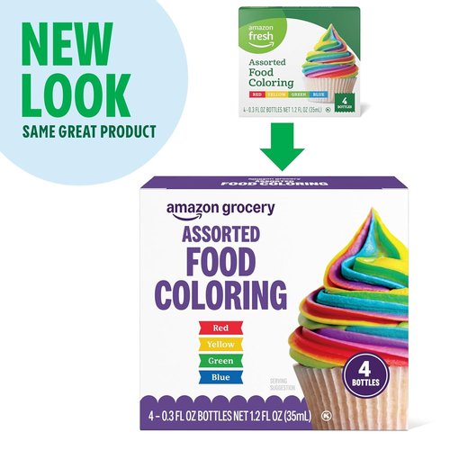 Assorted Food Coloring Set by Amazon Grocery - Red, Blue, Green, Yellow Bottles | 1.2 Fl Oz Each