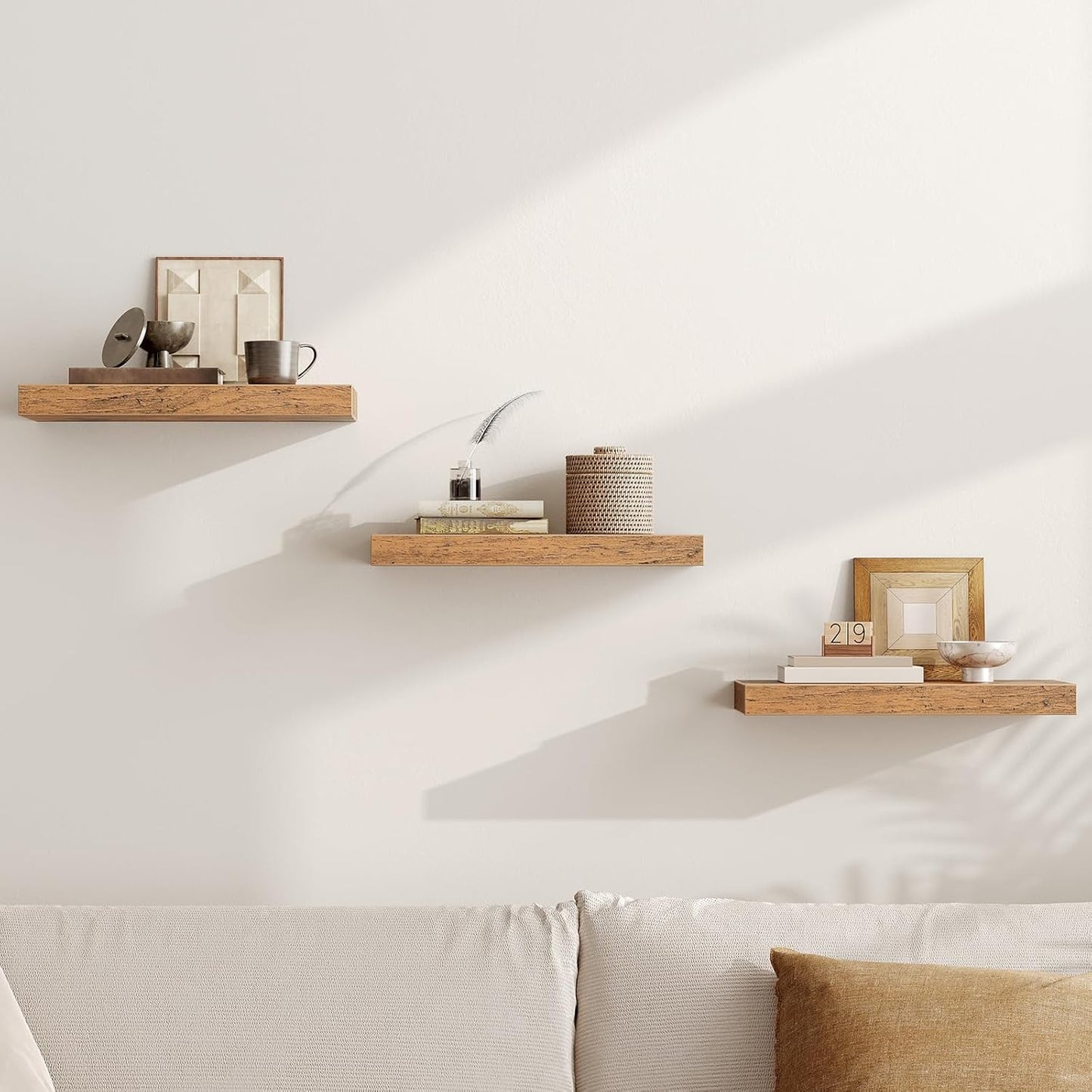 RALGEND Floating Wall Shelves - Set of 3 Rustic Brown 1.5" Thick with Invisible Brackets | 15.7L x 7.9W for Home Decor