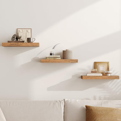 RALGEND Floating Wall Shelves - Set of 3 Rustic Brown 1.5" Thick with Invisible Brackets | 15.7L x 7.9W for Home Decor
