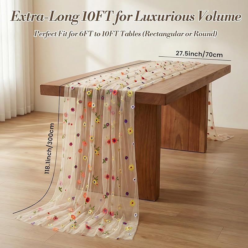 Champagne Floral Embroidered Table Runners 4 Pack 10ft - Boho Daisy Tulle Wedding Décor (Variation: Champagne+Champagne Floral – 4 Pack)