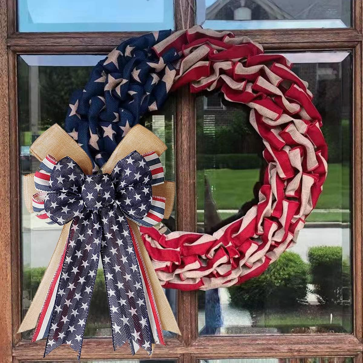 Patriotic Decor Bows | Burlap Red, White & Blue Stripe Stars Tree Topper Bow for 4th of July