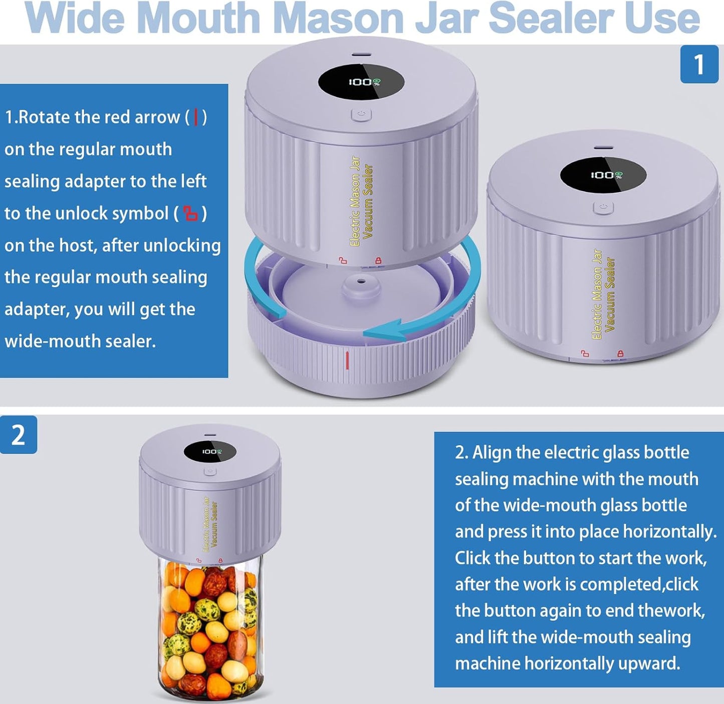 Regine Switzerland Electric Mason Jar Vacuum Sealer Kit - Ideal for Wide & Regular Mouth Jars - Purple