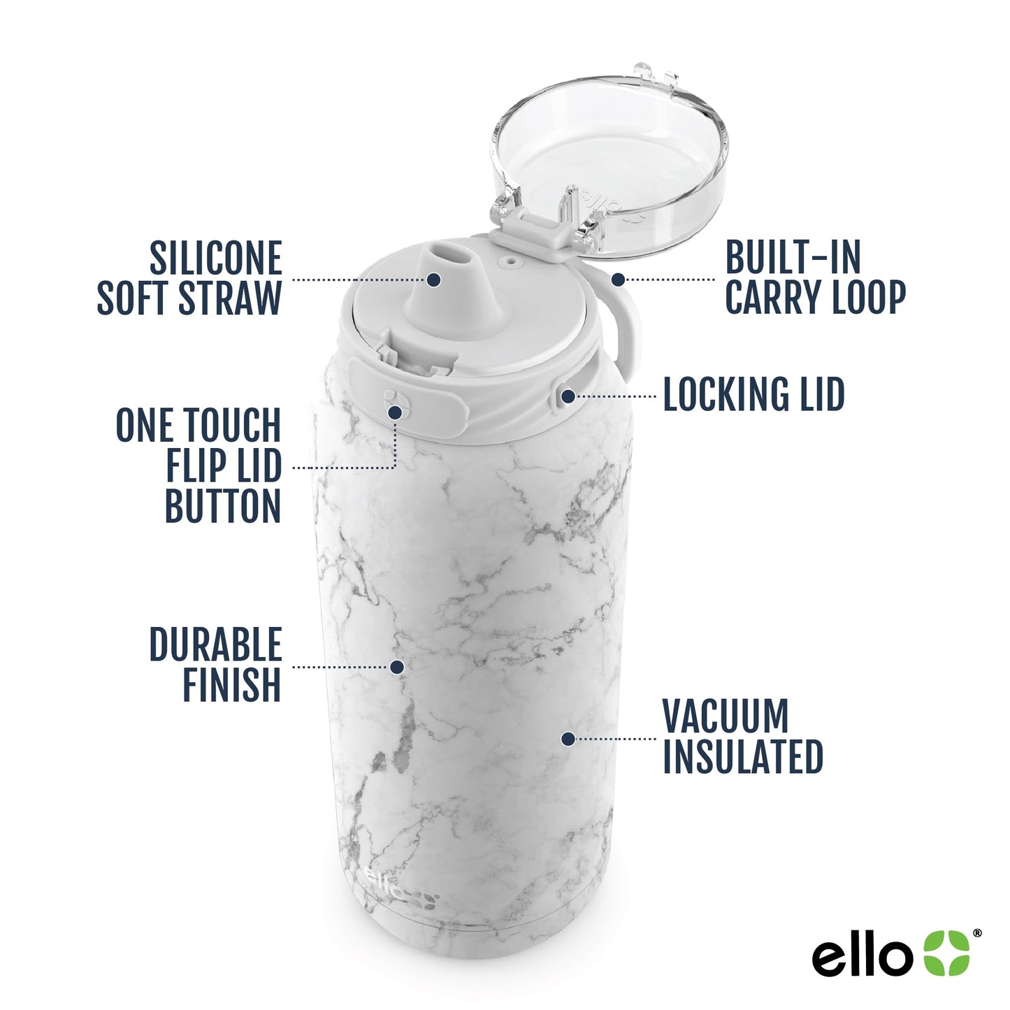 Ello Cooper 22oz Stainless Steel Water Bottle with Straw and Carry Handle, Double Walled and Vacuum Insulated Metal, Leak Proof Locking Lid with Soft Silicone Spout, Reusable, BPA Free, White Marble