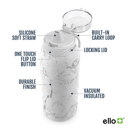 Ello Cooper 22oz Stainless Steel Water Bottle with Straw and Carry Handle, Double Walled and Vacuum Insulated Metal, Leak Proof Locking Lid with Soft Silicone Spout, Reusable, BPA Free, White Marble