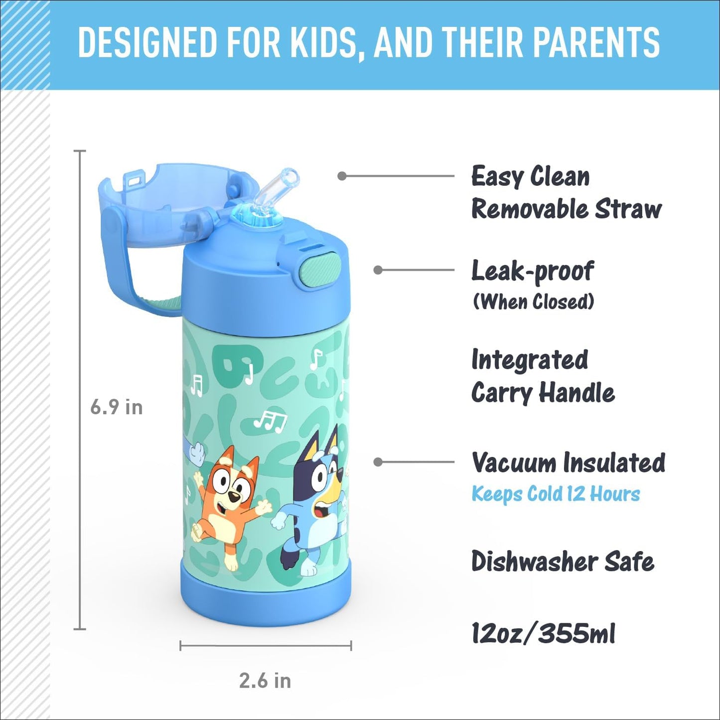 THERMOS FUNTAINER Water Bottle - 12 Ounce Kids Stainless Steel Vacuum Insulated - Bluey Design