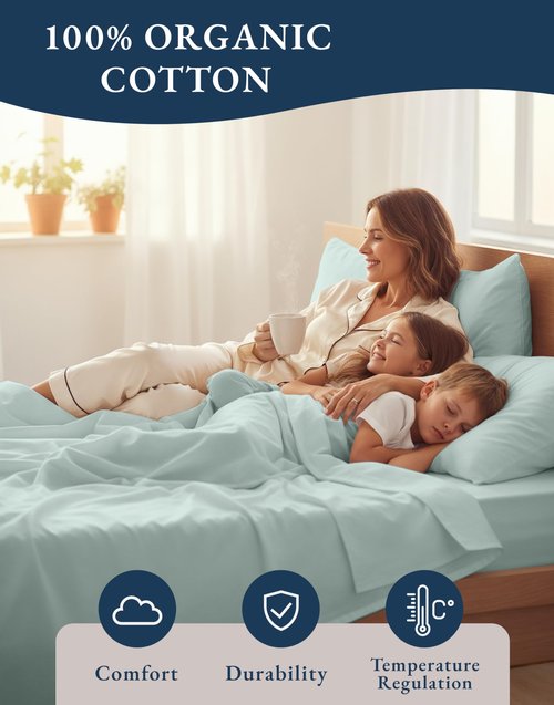 LANE LINEN 100% Organic Cotton Eco Friendly Sustainably Produced Queen Sheets Set, Low Pill Fade Resistant Machine Wash Fully Elasticized Cotton Bedding Queen Set- French Blue