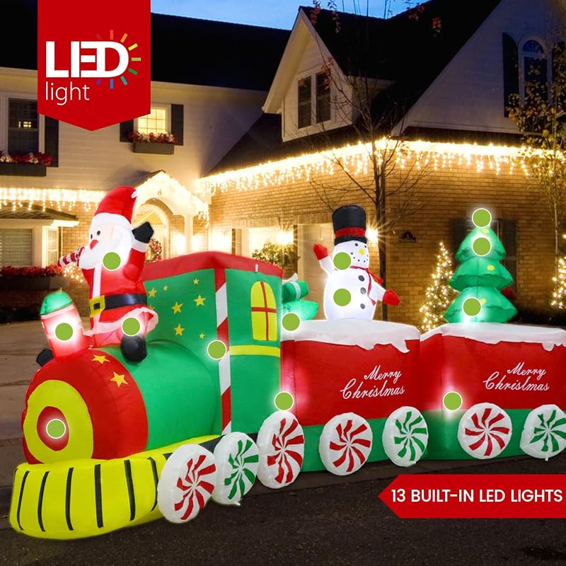Aixuler 11 ft Christmas Inflatable Train Decoration with Santa - Red & Green LED Lights