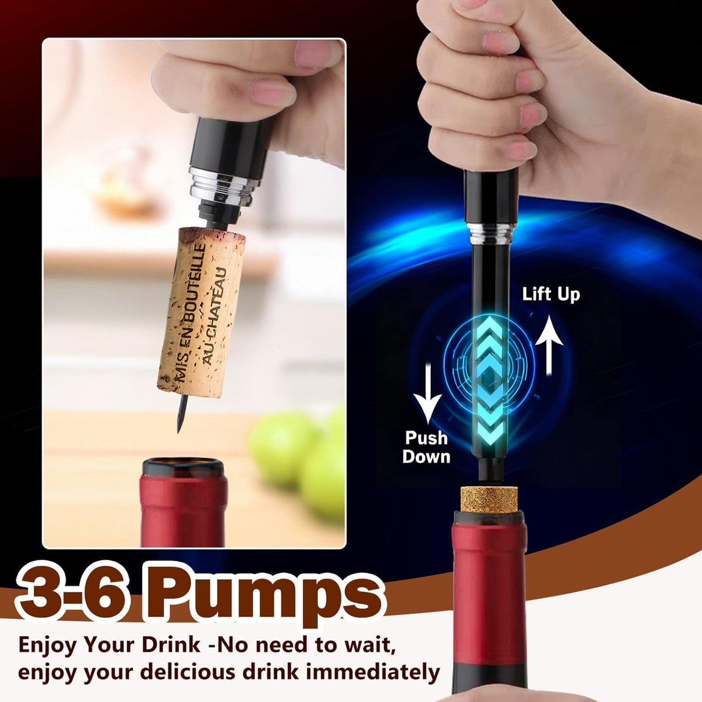 Wine Bottle Opener with Foil Cutter - NUCOKRS Air Pump Aeropop Corkscrew, Pen Style Opens in 3-7 Pumps, Effortless & No Damage to Cork, Compact Gift for Wine Lovers (Black)
