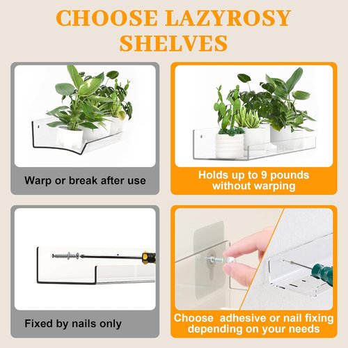 LAZYROSY Floating Shelves - Clear Acrylic Wall-Mounted Storage | No Drill Adhesive for Bathroom & Bedroom