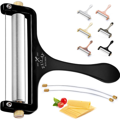 Zulay Kitchen Stainless Steel Wire Cheese Slicer - Adjustable Hand Held Cheese Cutter with 2 Extra Wires - Premium Cheese Shaver For Mozzarella, Cheddar, Gruyere - Cheese Cutter with Wire (Black)