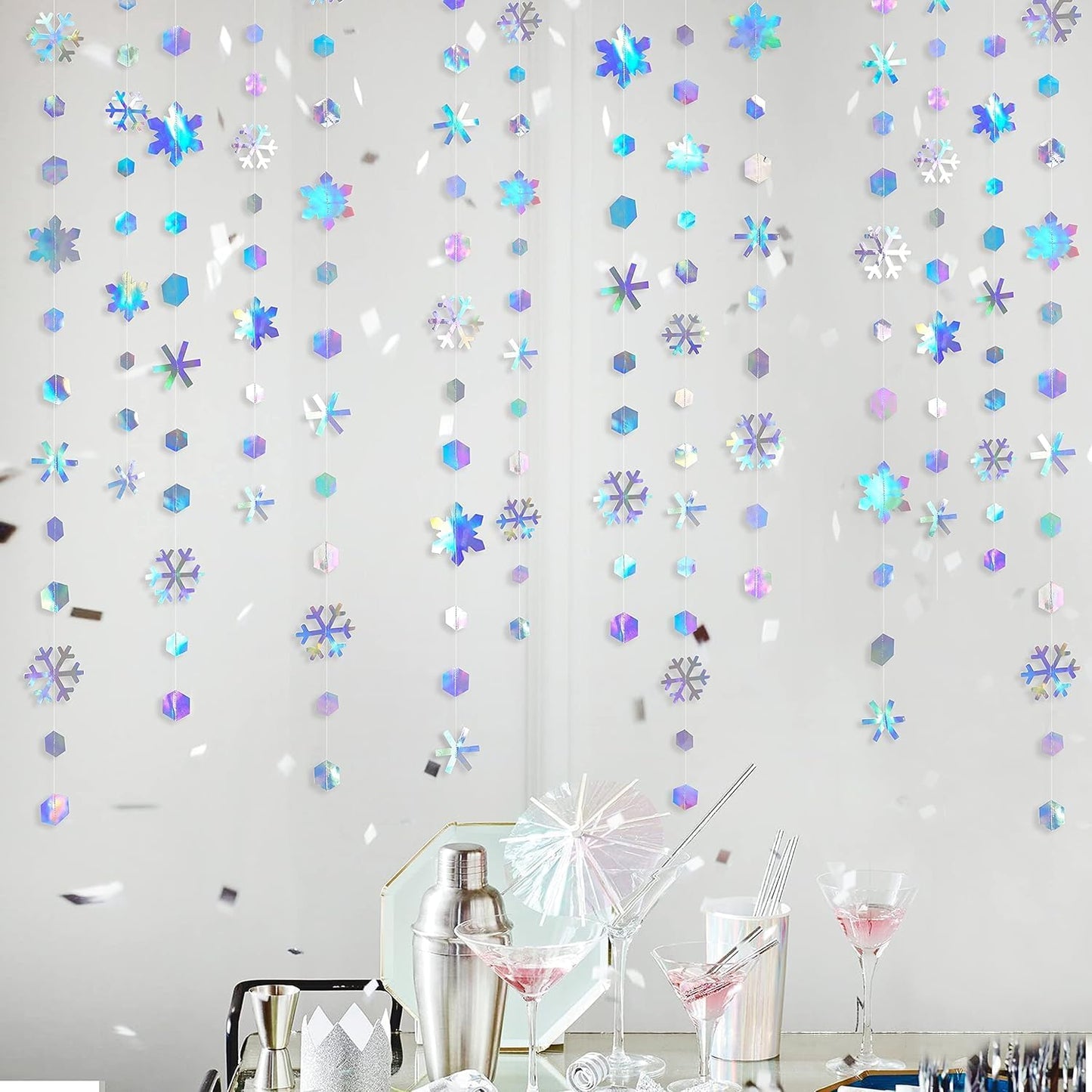 Skiennix Holographic Snowflake Decorations - Iridescent 13-Inch Hanging Garland for Holiday Parties