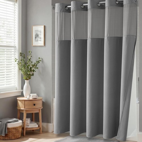 Dynamene Grey Hook Free Shower Curtain & Snap in Fabric Liner with Magnets, Waffle Weave Shower Curtains for Bathroom, Mesh Top Window, Less Time 3 in 1 Shower Curtain and Liner Set, 72" W x 75" L