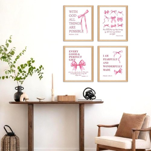 Hapons Coquette Pink Bow Wall Art | Inspirational Christian Decor for Teen Girls - 8''x10'' Unframed Prints (4 PCS)