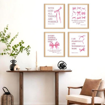 Hapons Coquette Pink Bow Wall Art | Inspirational Christian Decor for Teen Girls - 8''x10'' Unframed Prints (4 PCS)