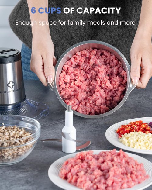 LINKChef 6-Cup Food Processor - 1.5L Electric Meat Grinder & Vegetable Chopper for Home Use
