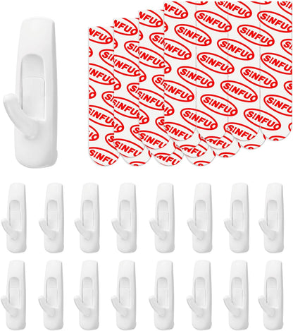 Sinfuo Utility Wall Hooks - Heavy Duty Adhesive for Damage-Free Hanging | 16 Hooks & 20 Strips