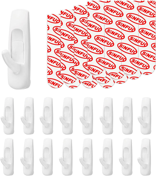 Sinfuo Utility Wall Hooks - Heavy Duty Adhesive for Damage-Free Hanging | 16 Hooks & 20 Strips