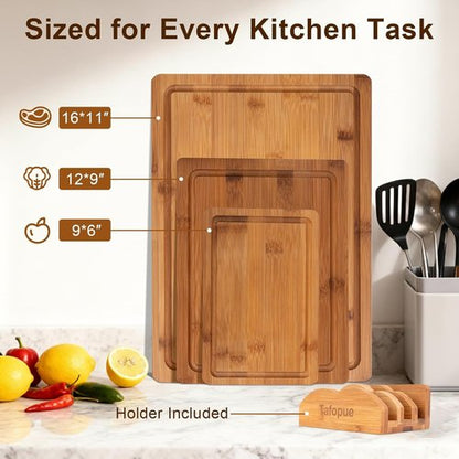Bamboo Cutting Board Set by Skiennix - Space-Saving Design with Juice Groove & Grip Handle - Perfect for Meal Prep & Charcuterie