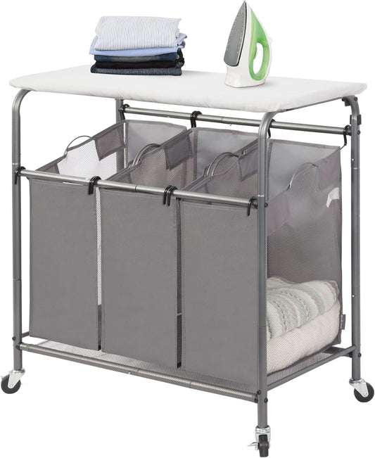 Storage Maniac 3-Section Laundry Sorter - Heavy-Duty Rolling Cart with Foldable Ironing Board | Dark Grey