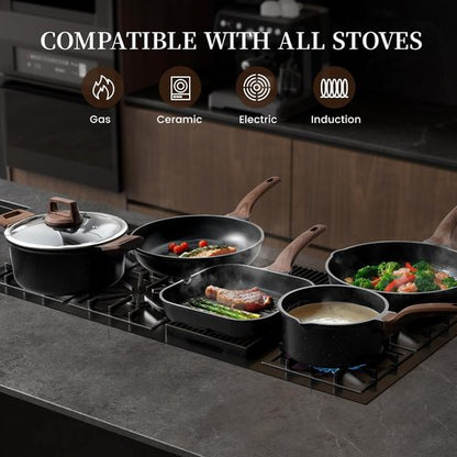 Kikcoin Non-Stick Ceramic Pots and Pans Set - 16 Pieces Induction Cookware Set | Black, Stackable & Safe