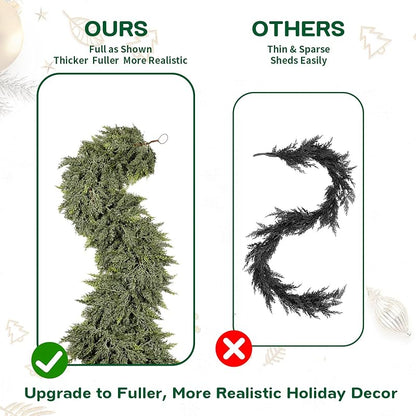 6FT 2PCS Extra Full Lighted Cedar Garland with LED Lights - 168 Branches, Realistic Two-Tone PE Foliage