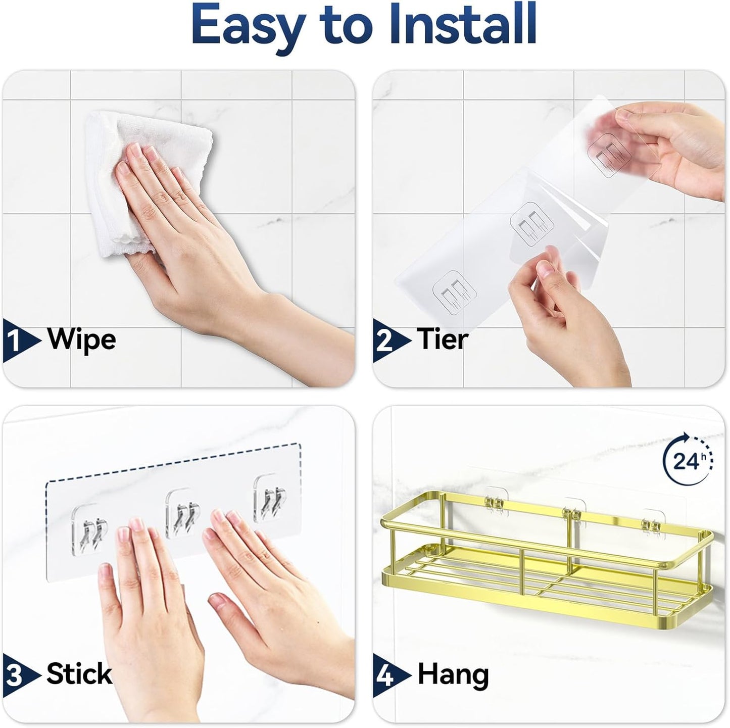 YASONIC Shower Caddy - No Drill Bathroom Organizer with Removable Hooks & Soap Holder | Rust Proof, Gold, 3 Pack