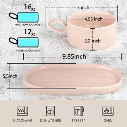 Artena Soup and Sandwich Plate Combo - 16 oz Ceramic Bowls with Handles & 9.85-inch Soft Pink Plates