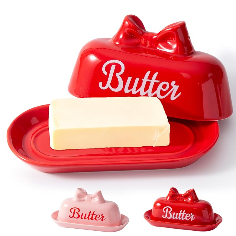 Red Bow Butter Dish - Ceramic Butter Container for Refrigerator (Variation: red bow+Standard)