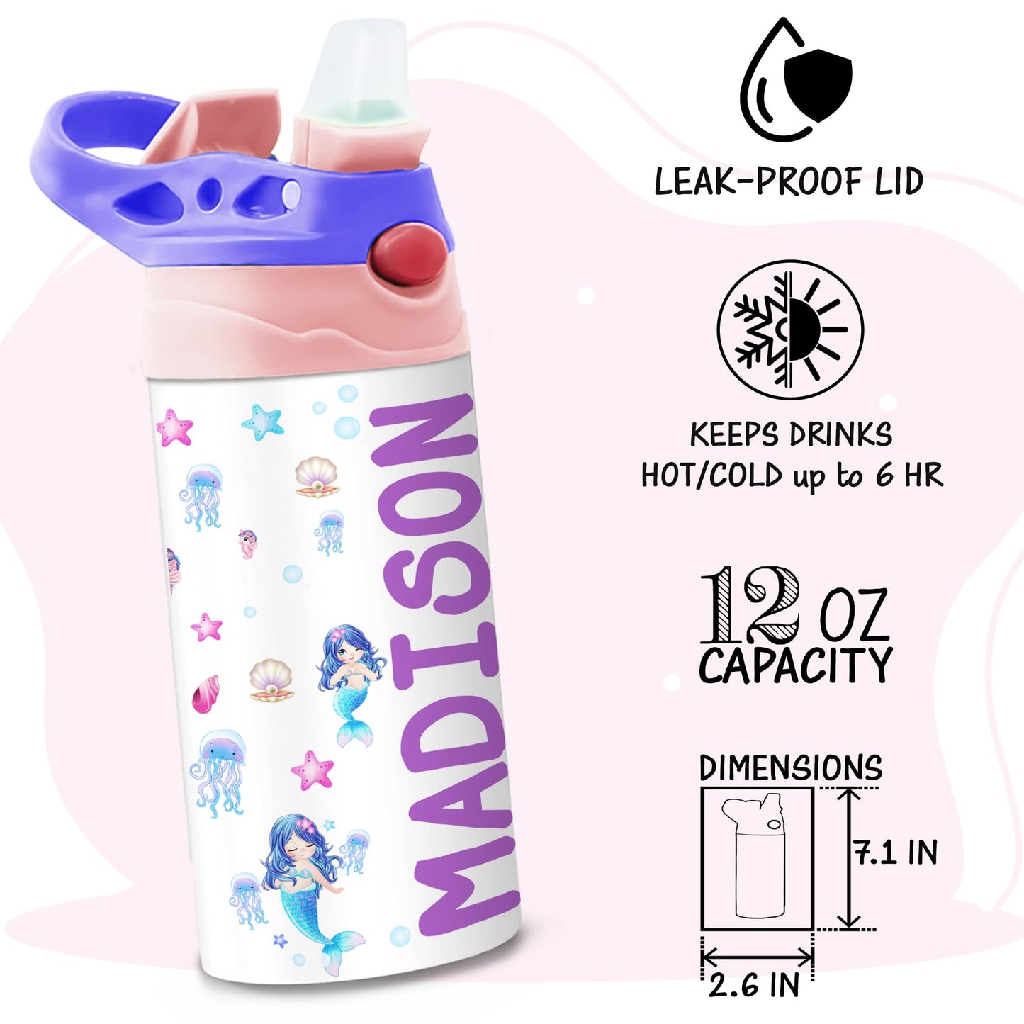 Personalized Kids Water Bottle | 12 Oz Double Wall Insulated Stainless Steel Tumbler | Custom Name Leak-Proof Cup with Straw | Back to School Gift for Toddlers, Children, Boys, Girls | Mermaid